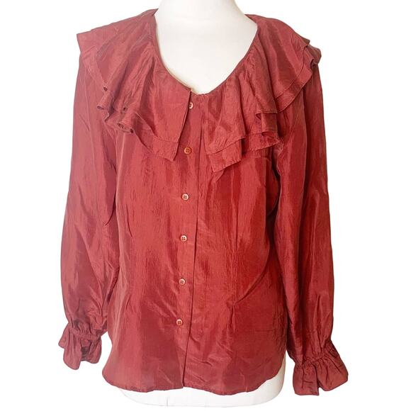 Vintage 80’s stunt collections silk ruffle puff sleeve blouse rust sz m - Picture 1 of 6